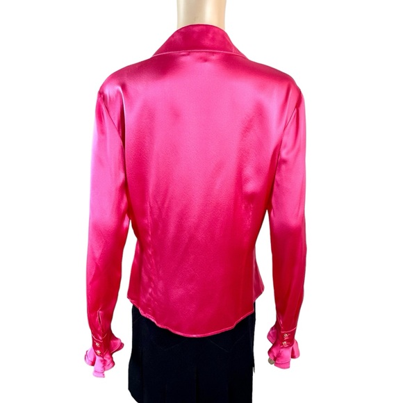 St. John bright pink silk blouse with ruffle front, long sleeve sz 8 - Picture 2 of 8